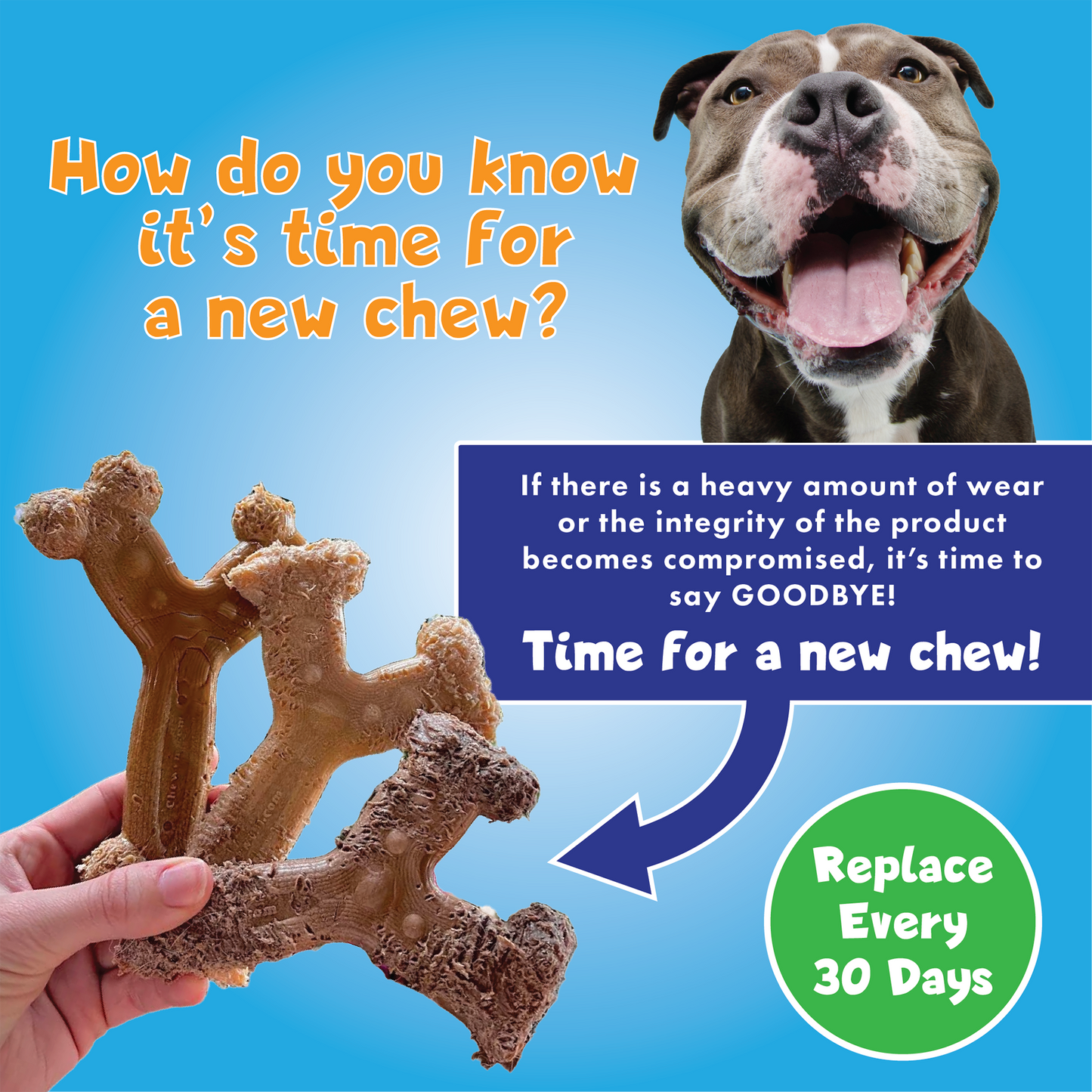 Chew'ems graphic showing when to replace worn Chew'ems dog chew toy